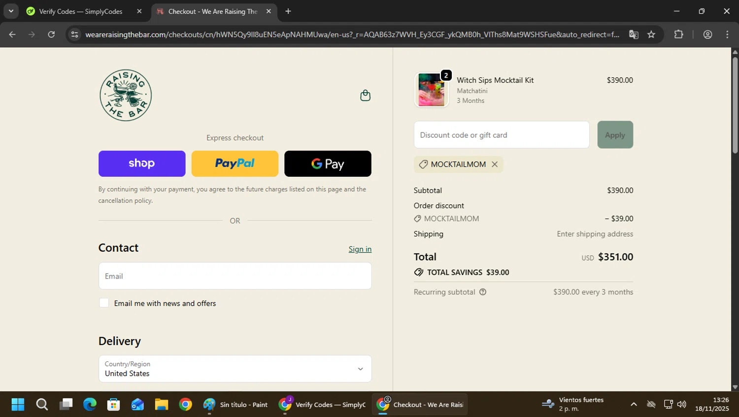 We Are Raising the Bar coupon code screenshot showing code MOCKTAILMOM applied at We Are Raising the Bar checkout page. Uploaded by SimplyCodes community member CrownPhoenix4297 on Nov 18, 2025