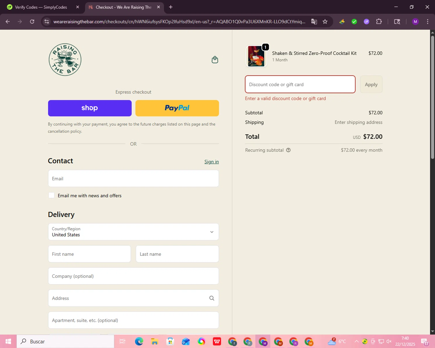 We Are Raising the Bar coupon code screenshot showing code MOCKTAILMOM applied at We Are Raising the Bar checkout page. Uploaded by SimplyCodes community member malumabby on Dec 22, 2025