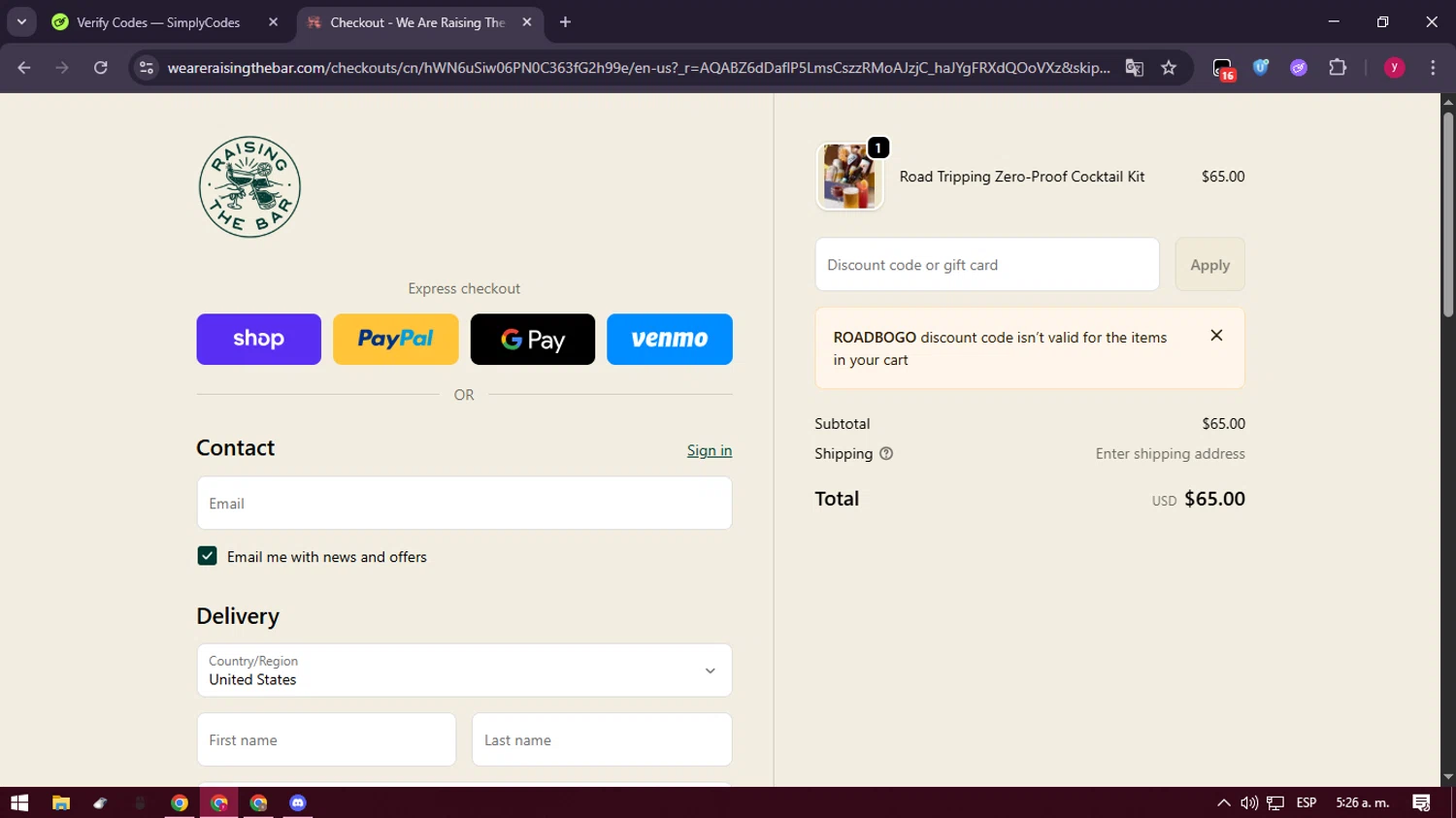 We Are Raising the Bar coupon code screenshot showing code ROADBOGO applied at We Are Raising the Bar checkout page. Uploaded by SimplyCodes community member ValiantFox2134 on Dec 27, 2025