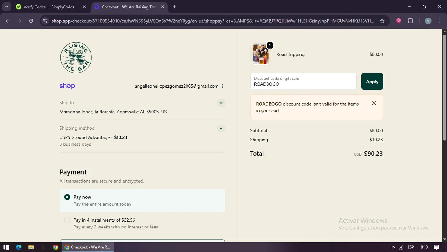 We Are Raising the Bar coupon code screenshot showing code ROADBOGO applied at We Are Raising the Bar checkout page. Uploaded by SimplyCodes community member maraxo on Nov 10, 2025