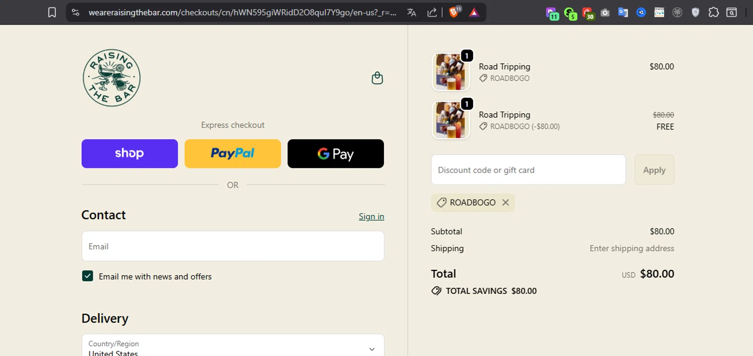 We Are Raising the Bar coupon code screenshot showing code ROADBOGO applied at We Are Raising the Bar checkout page. Uploaded by SimplyCodes community member Serdanvz on Nov 10, 2025