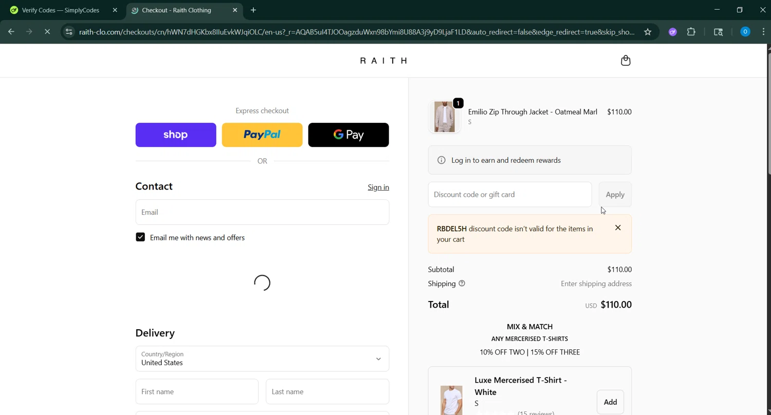 Raith Clothing discount code screenshot showing code RBDel5H applied at Raith Clothing checkout page. Uploaded by SimplyCodes community member GoldChaser6627 on Jan 15, 2026