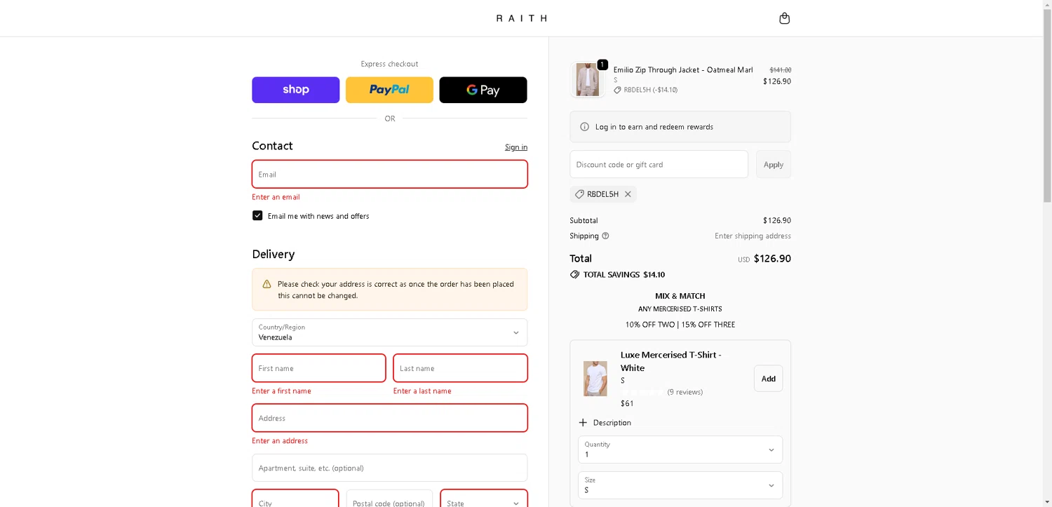 Raith Clothing discount code screenshot showing code RBDel5H applied at Raith Clothing checkout page. Uploaded by SimplyCodes community member VoucherHero1009 on Nov 22, 2025