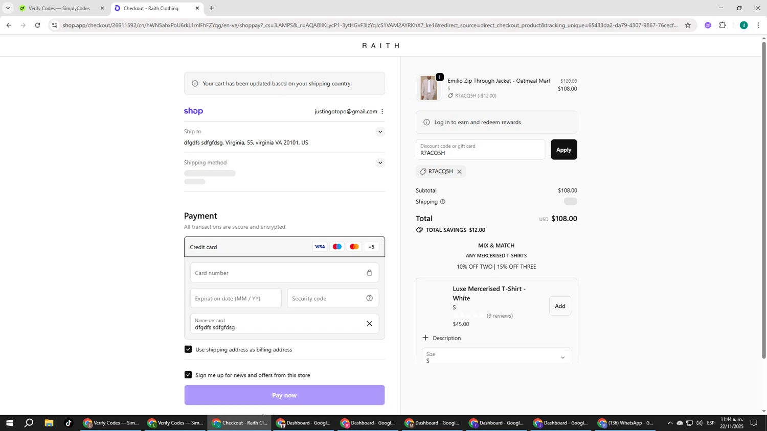 Raith Clothing discount code screenshot showing code R7ACQ5H applied at Raith Clothing checkout page. Uploaded by SimplyCodes community member HEROESCUDA on Nov 22, 2025