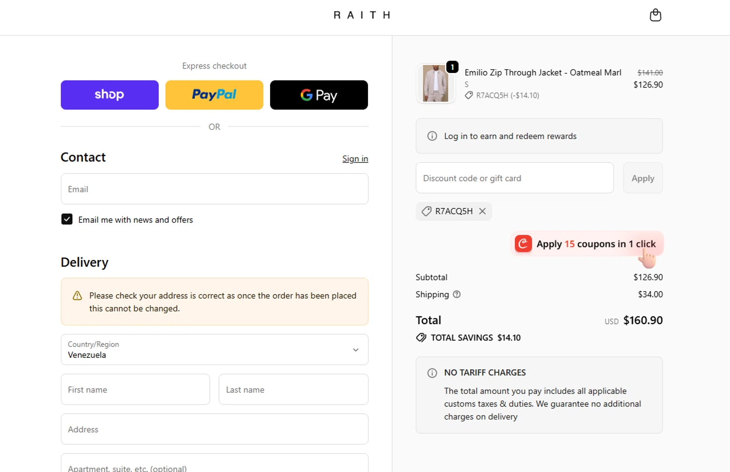 Raith Clothing discount code screenshot showing code R7ACQ5H applied at Raith Clothing checkout page. Uploaded by SimplyCodes community member Dorothy on Nov 11, 2025