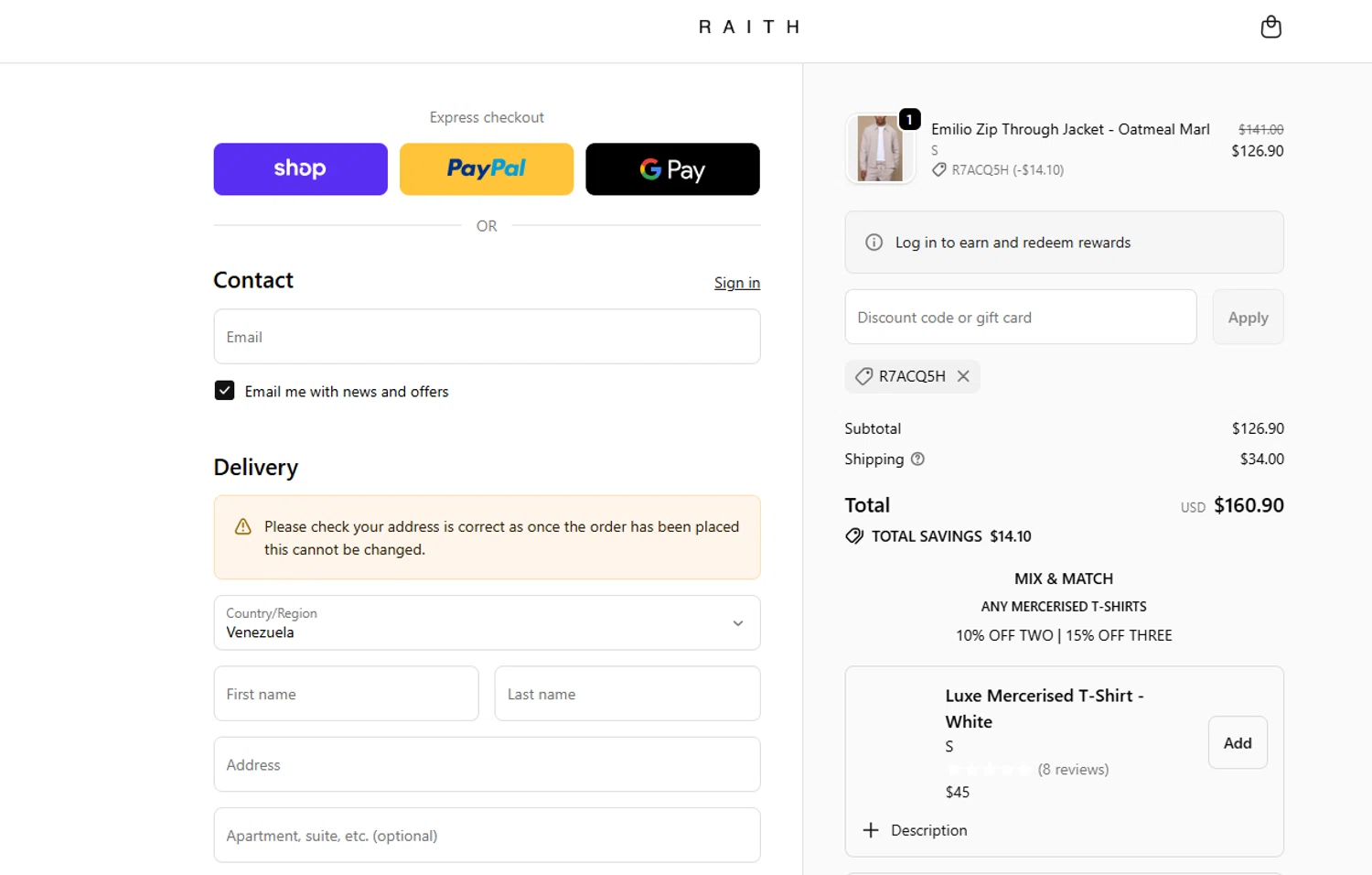 Raith Clothing discount code screenshot showing code R7aCq5H applied at Raith Clothing checkout page. Uploaded by SimplyCodes community member Dorothy on Nov 17, 2025