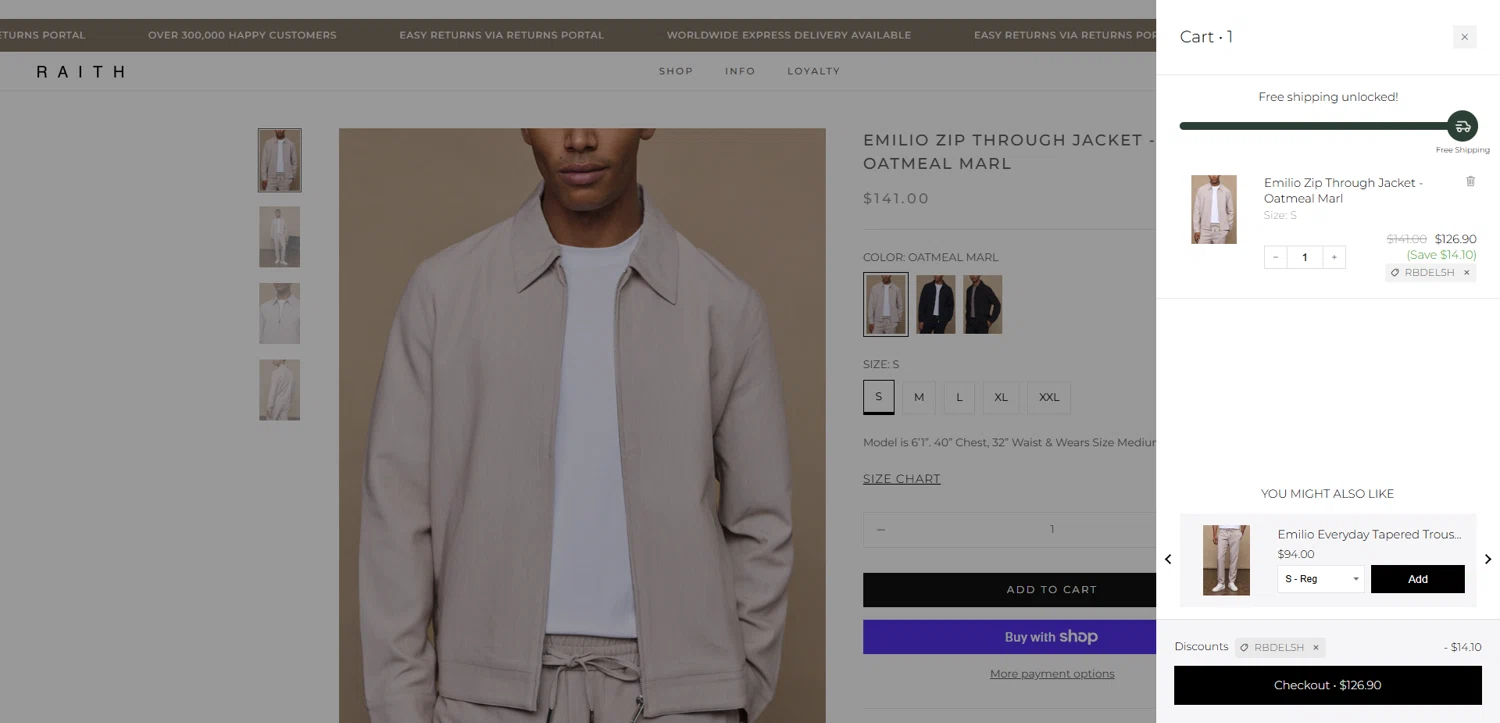 Raith Clothing discount code screenshot showing code RBDel5H applied at Raith Clothing checkout page. Uploaded by SimplyCodes community member Dorothy on Nov 7, 2025