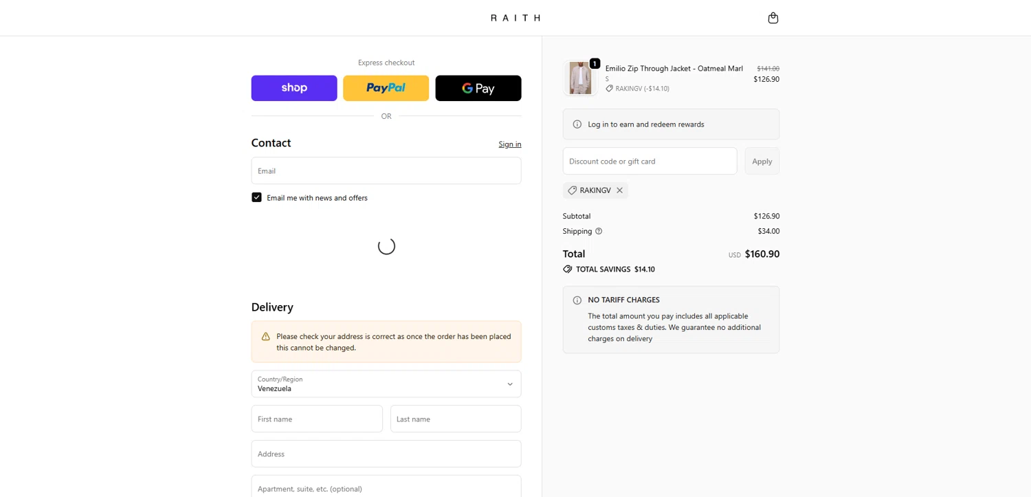 Raith Clothing discount code screenshot showing code RAKINGV applied at Raith Clothing checkout page. Uploaded by SimplyCodes community member Dorothy on Nov 6, 2025
