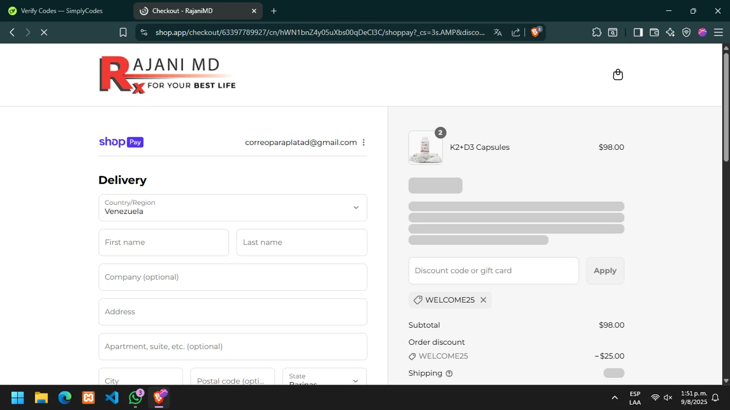RajaniMD Store promo code screenshot showing code WELCOME25 applied at RajaniMD Store checkout page. Uploaded by SimplyCodes community member DanielP on Aug 9, 2025