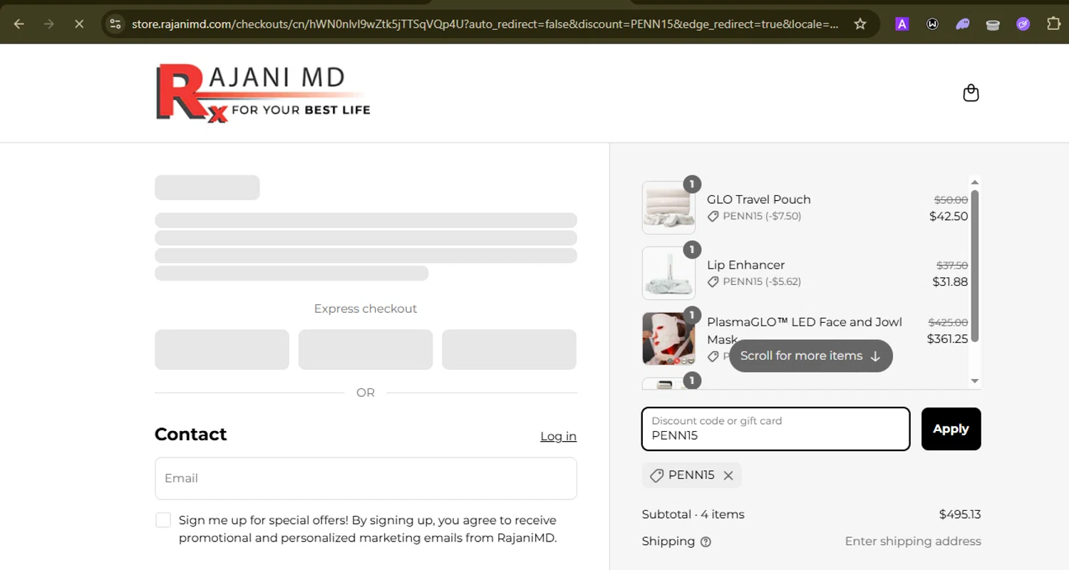 RajaniMD Store promo code screenshot showing code PENN15 applied at RajaniMD Store checkout page. Uploaded by SimplyCodes community member SilverMonarch6357 on Jul 19, 2025