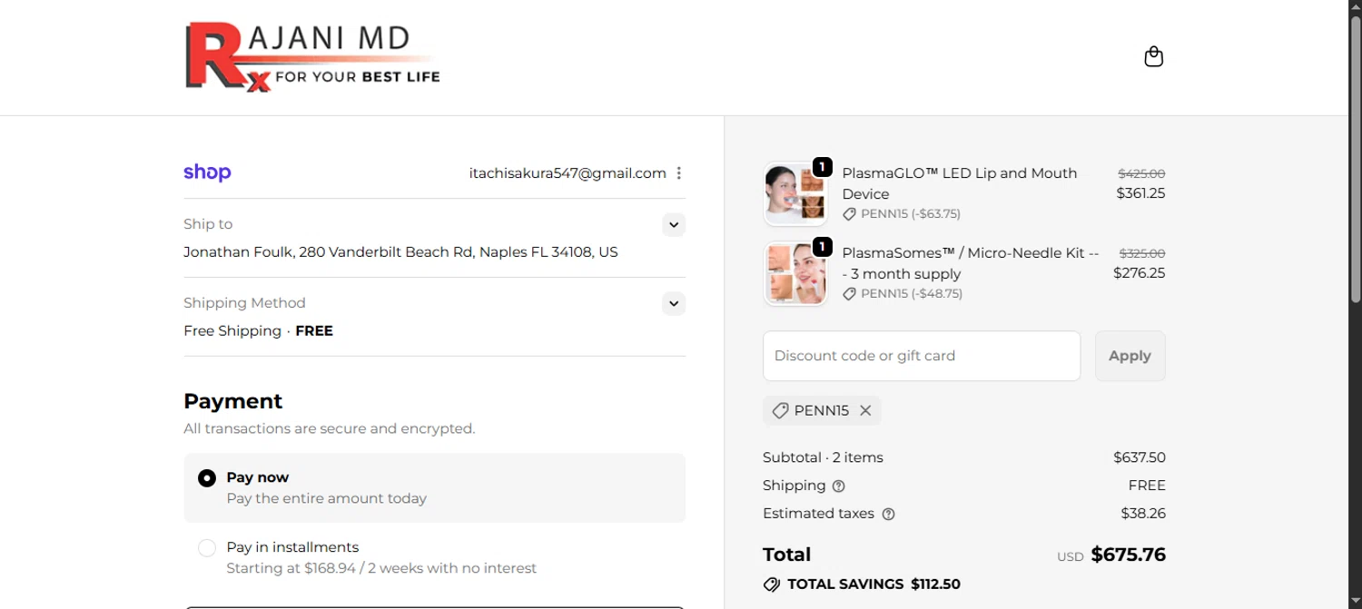 RajaniMD Store promo code screenshot showing code PENN15 applied at RajaniMD Store checkout page. Uploaded by SimplyCodes community member noworries on Oct 23, 2025