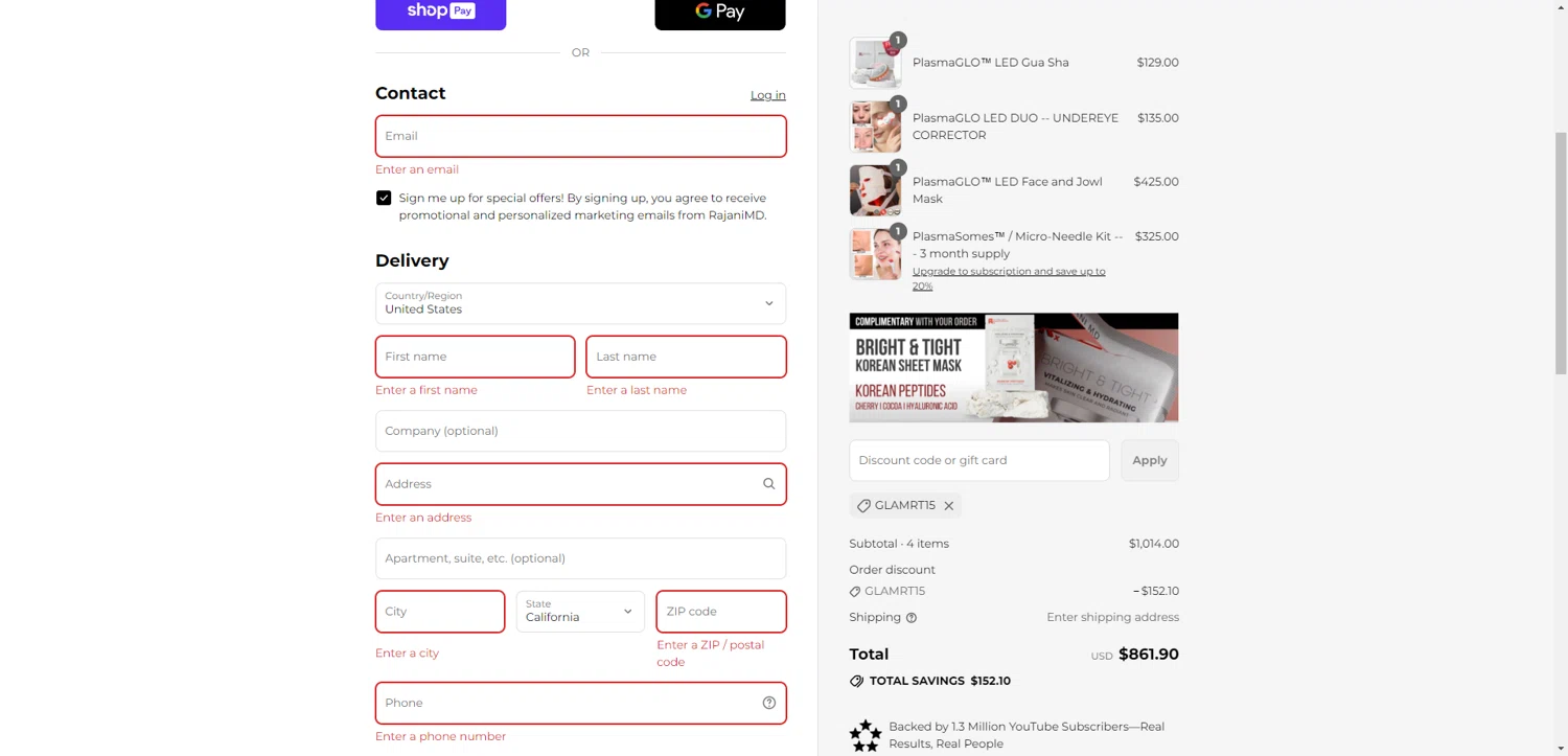 RajaniMD Store promo code screenshot showing code GLAMRT15 applied at RajaniMD Store checkout page. Uploaded by SimplyCodes community member CleverHawk1744 on Aug 23, 2025