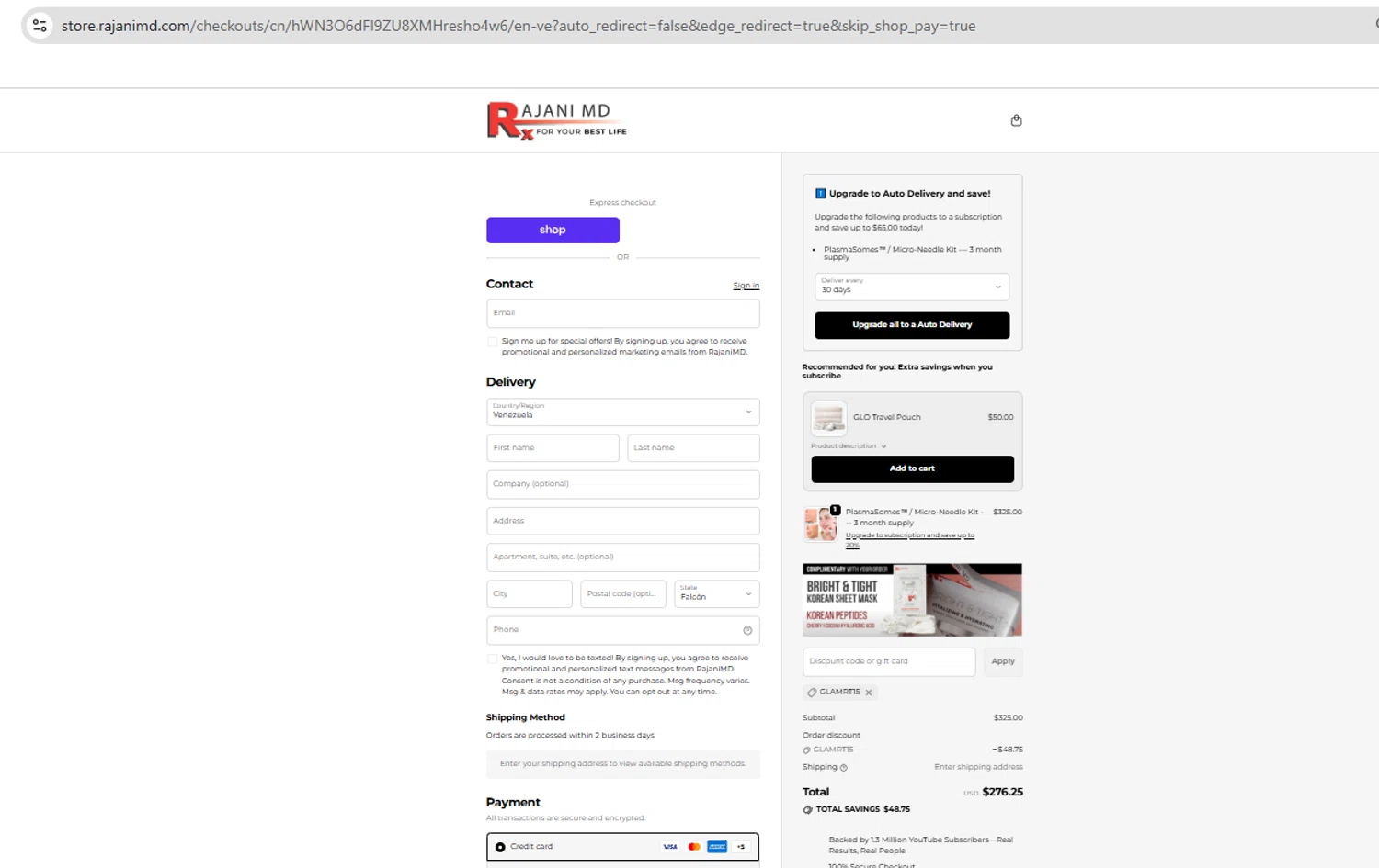 RajaniMD Store promo code screenshot showing code GLAMRT15 applied at RajaniMD Store checkout page. Uploaded by SimplyCodes community member YHLQMDLGN on Sep 25, 2025