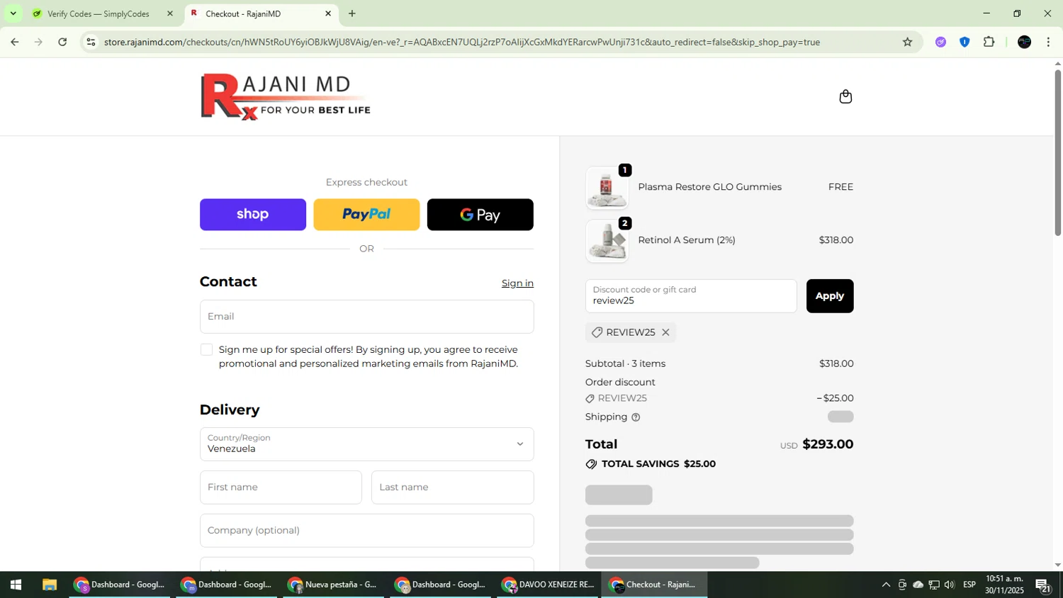 RajaniMD Store promo code screenshot showing code review25 applied at RajaniMD Store checkout page. Uploaded by SimplyCodes community member CarmenVGR on Nov 30, 2025