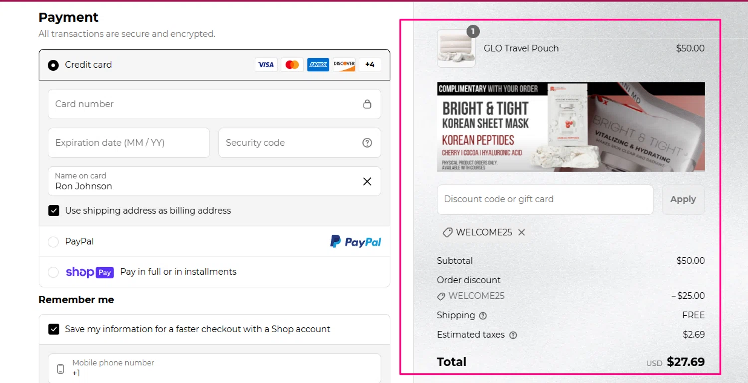 RajaniMD Store promo code screenshot showing code WELCOME25 applied at RajaniMD Store checkout page. Uploaded by SimplyCodes community member Swiftdealz on Jun 6, 2025