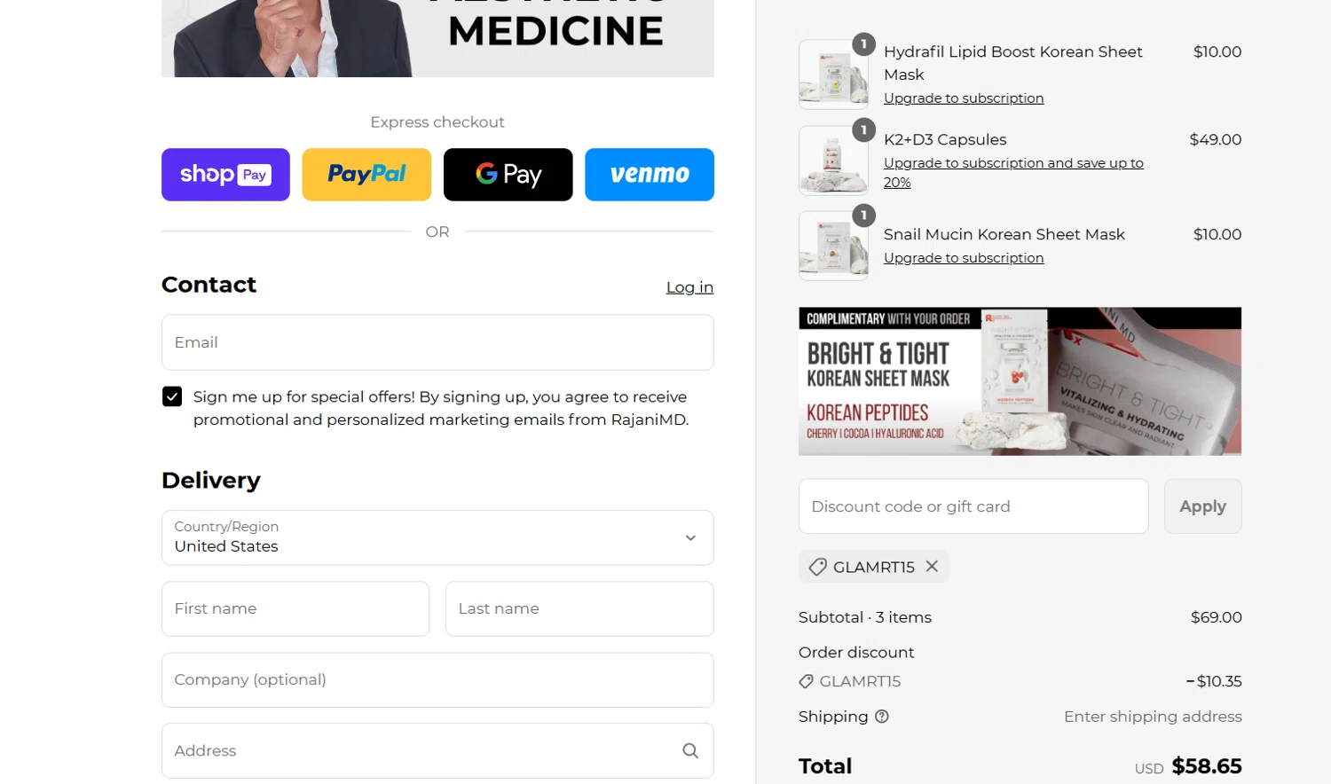 RajaniMD Store promo code screenshot showing code GLAMRT15 applied at RajaniMD Store checkout page. Uploaded by SimplyCodes community member jade5416625024720 on Jul 10, 2025