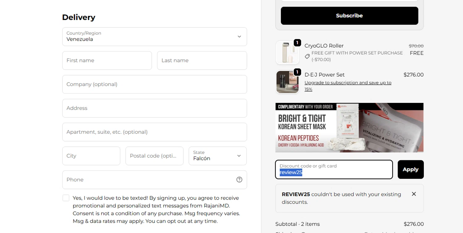RajaniMD Store promo code screenshot showing code review25 applied at RajaniMD Store checkout page. Uploaded by SimplyCodes community member juanisaac on Oct 20, 2025