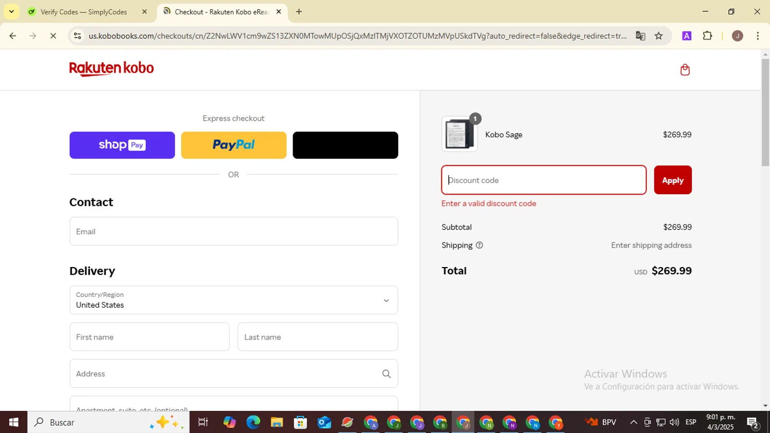 Rakuten Kobo eReader Store promo code screenshot showing code PERKOPOLIS applied at Rakuten Kobo eReader Store checkout page. Uploaded by SimplyCodes community member ValiantHero2365 on Mar 5, 2025