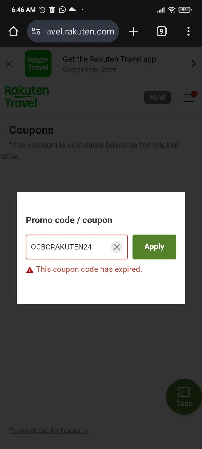 Rakuten Travel promo code screenshot showing code OCBCRAKUTEN24 applied at Rakuten Travel checkout page. Uploaded by SimplyCodes community member PromoMaven605 on May 25, 2025