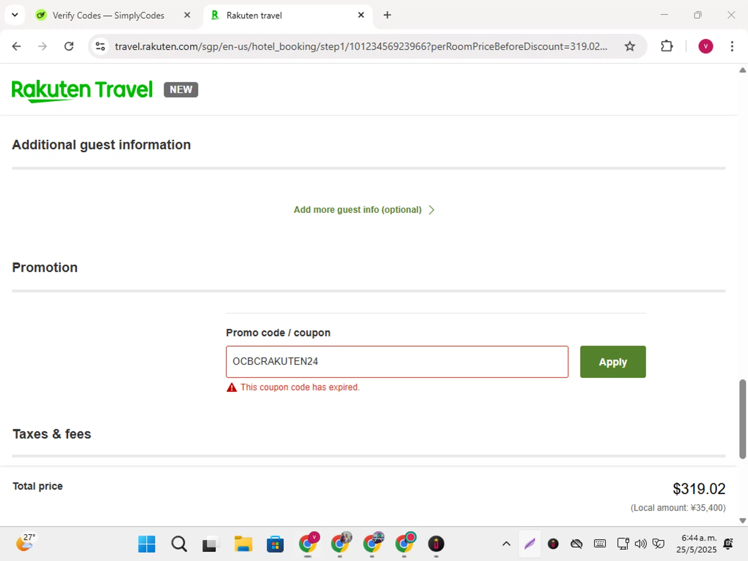 Rakuten Travel promo code screenshot showing code OCBCRAKUTEN24 applied at Rakuten Travel checkout page. Uploaded by SimplyCodes community member karoline on May 25, 2025