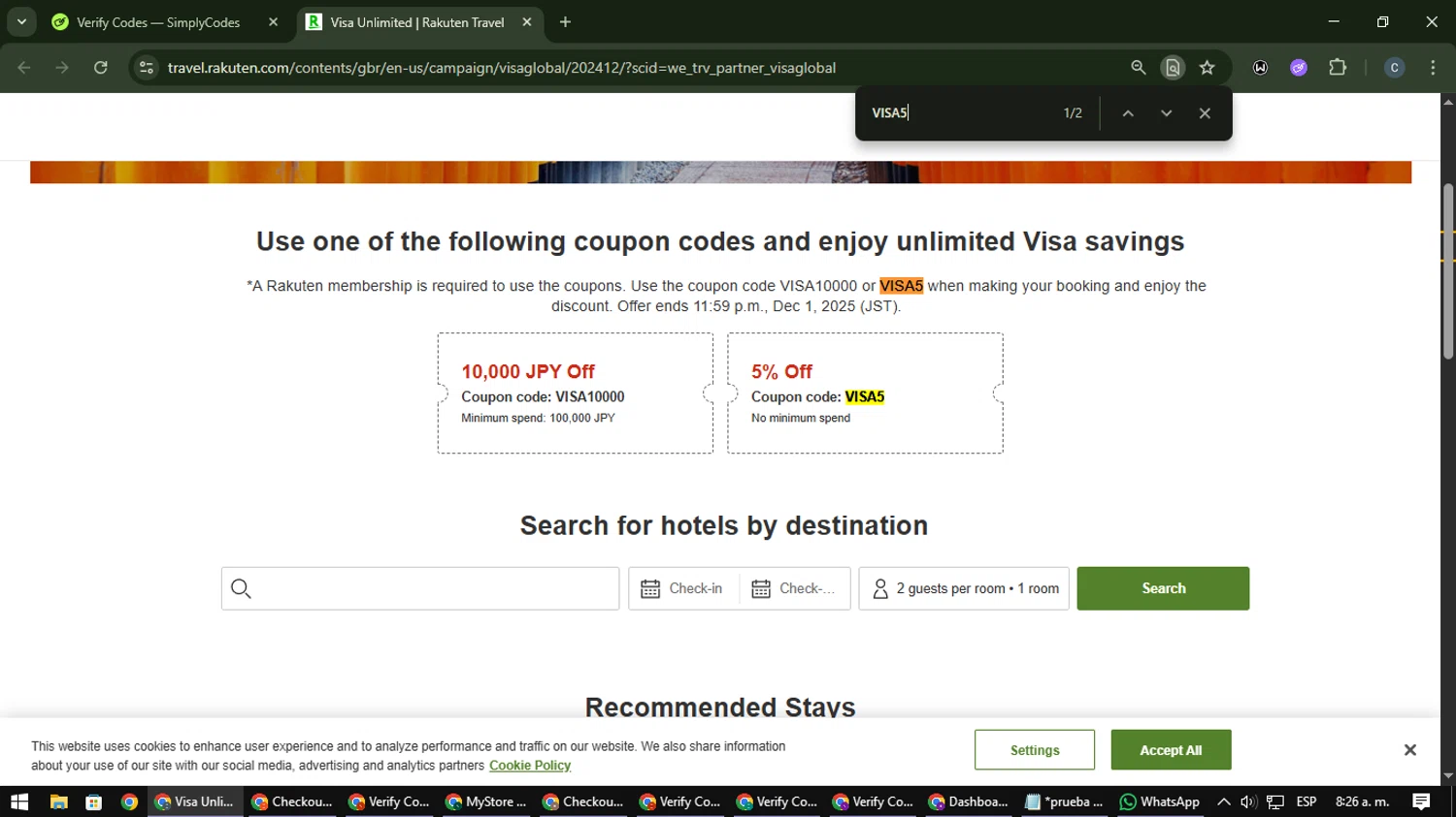 Rakuten Travel promo code screenshot showing code VISA5 applied at Rakuten Travel checkout page. Uploaded by SimplyCodes community member Nata_Montana on Nov 20, 2025