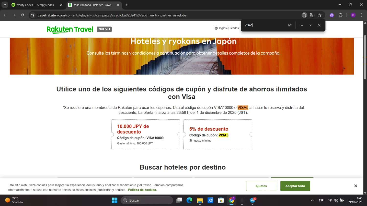 Rakuten Travel promo code screenshot showing code VISA5 applied at Rakuten Travel checkout page. Uploaded by SimplyCodes community member sorialbam on Oct 9, 2025