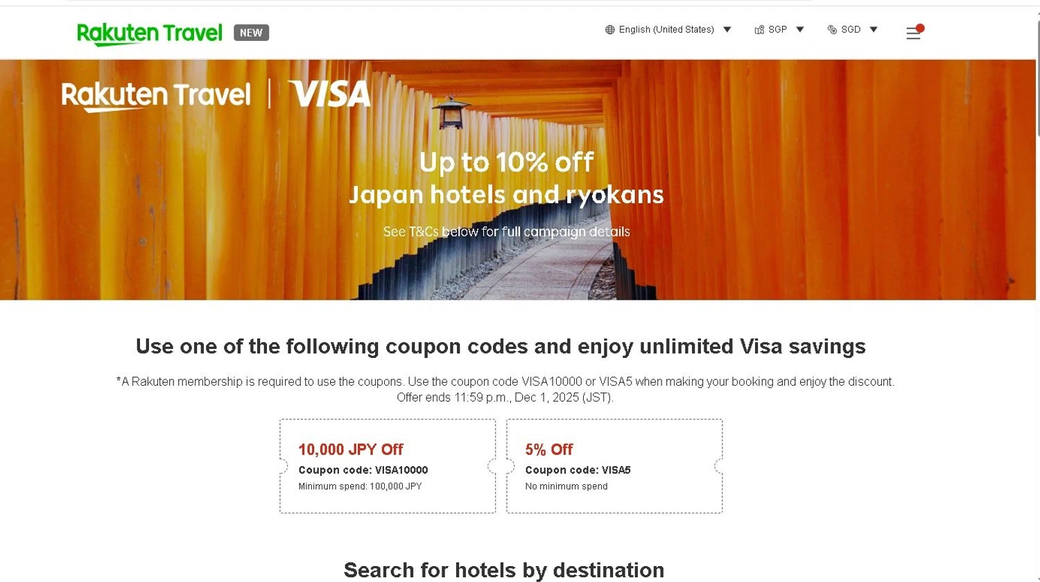 Rakuten Travel promo code screenshot showing code VISA1000 applied at Rakuten Travel checkout page. Uploaded by SimplyCodes community member LAMINEJAMAL on Nov 20, 2025