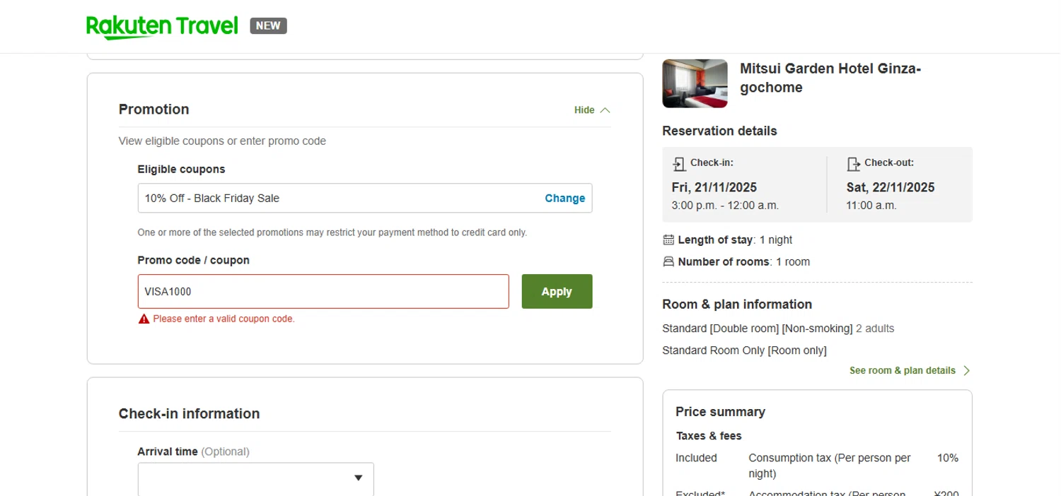 Rakuten Travel promo code screenshot showing code VISA1000 applied at Rakuten Travel checkout page. Uploaded by SimplyCodes community member MoneyHunter5624 on Nov 20, 2025
