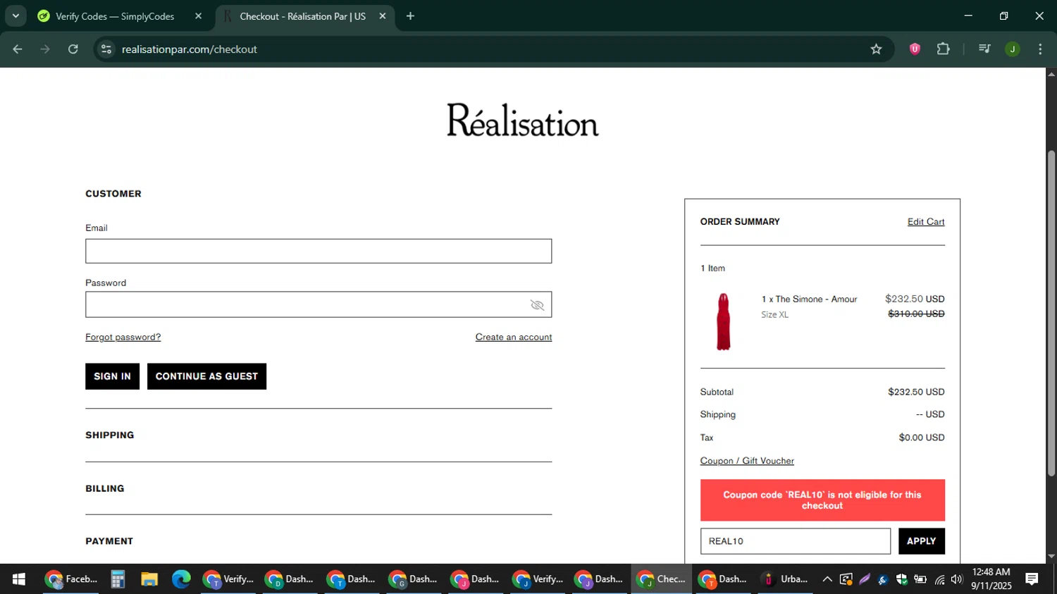 Réalisation promo code screenshot showing code REAL10 applied at Réalisation checkout page. Uploaded by SimplyCodes community member ShieldFinder369 on Sep 11, 2025