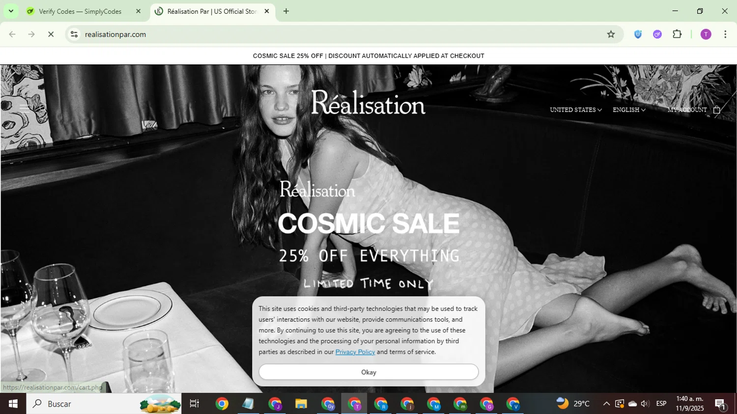 Réalisation promo code screenshot showing code REAL10 applied at Réalisation checkout page. Uploaded by SimplyCodes community member ThriftyCurator4085 on Sep 11, 2025
