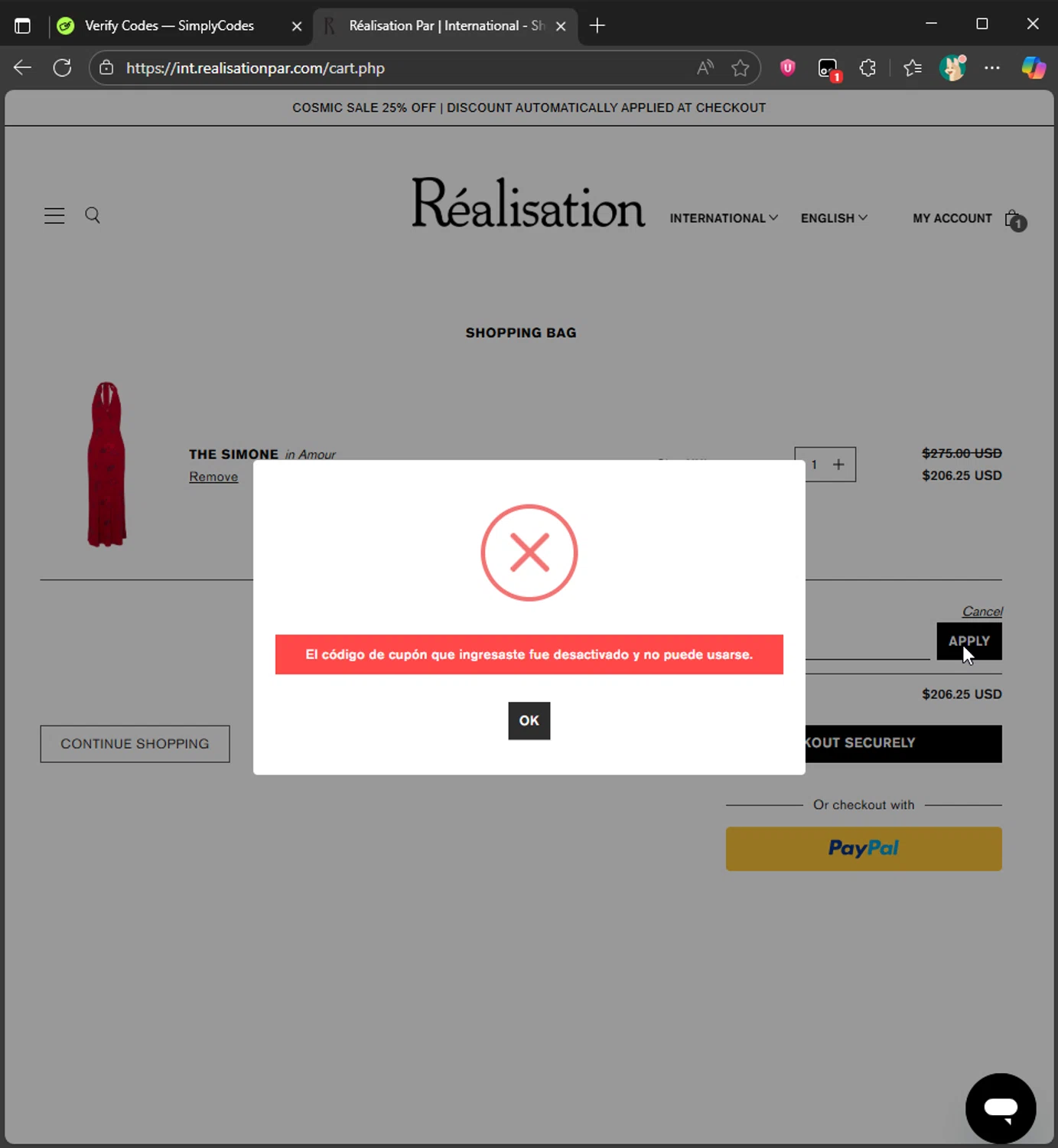 Réalisation promo code screenshot showing code REAL10 applied at Réalisation checkout page. Uploaded by SimplyCodes community member murraytopsom on Sep 11, 2025