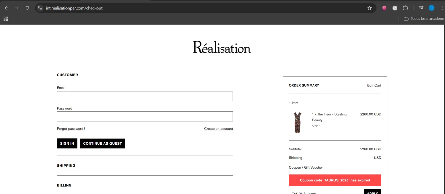 Réalisation promo code screenshot showing code TAURUS_2025 applied at Réalisation checkout page. Uploaded by SimplyCodes community member Jeanjc on Jul 11, 2025