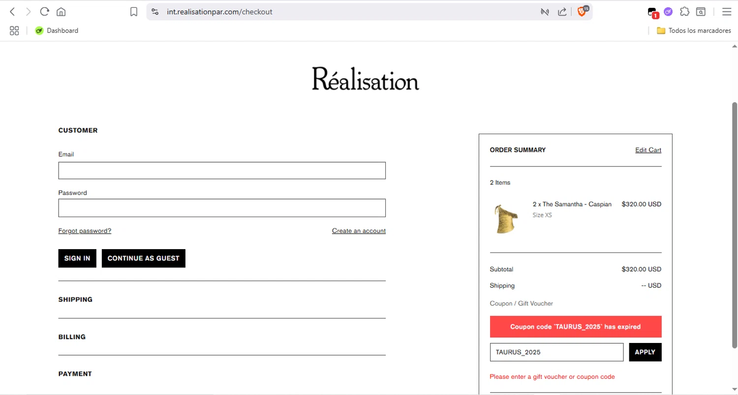 Réalisation promo code screenshot showing code TAURUS_2025 applied at Réalisation checkout page. Uploaded by SimplyCodes community member LegendaryTitan9160 on Jul 11, 2025
