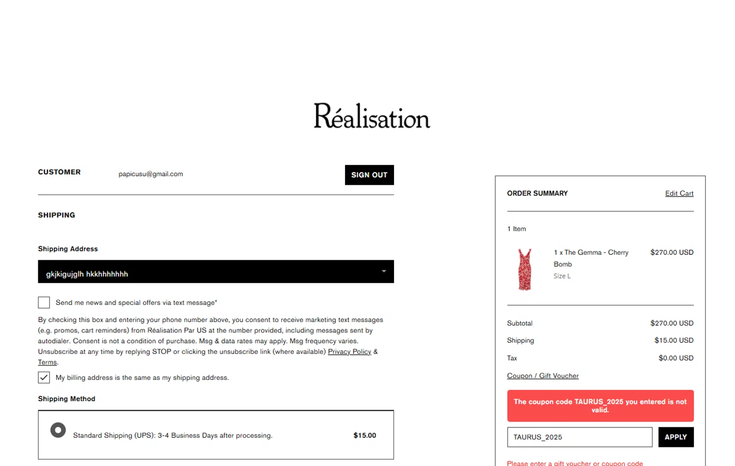 Réalisation promo code screenshot showing code TAURUS_2025 applied at Réalisation checkout page. Uploaded by SimplyCodes community member Powerrangerazul on Jul 11, 2025