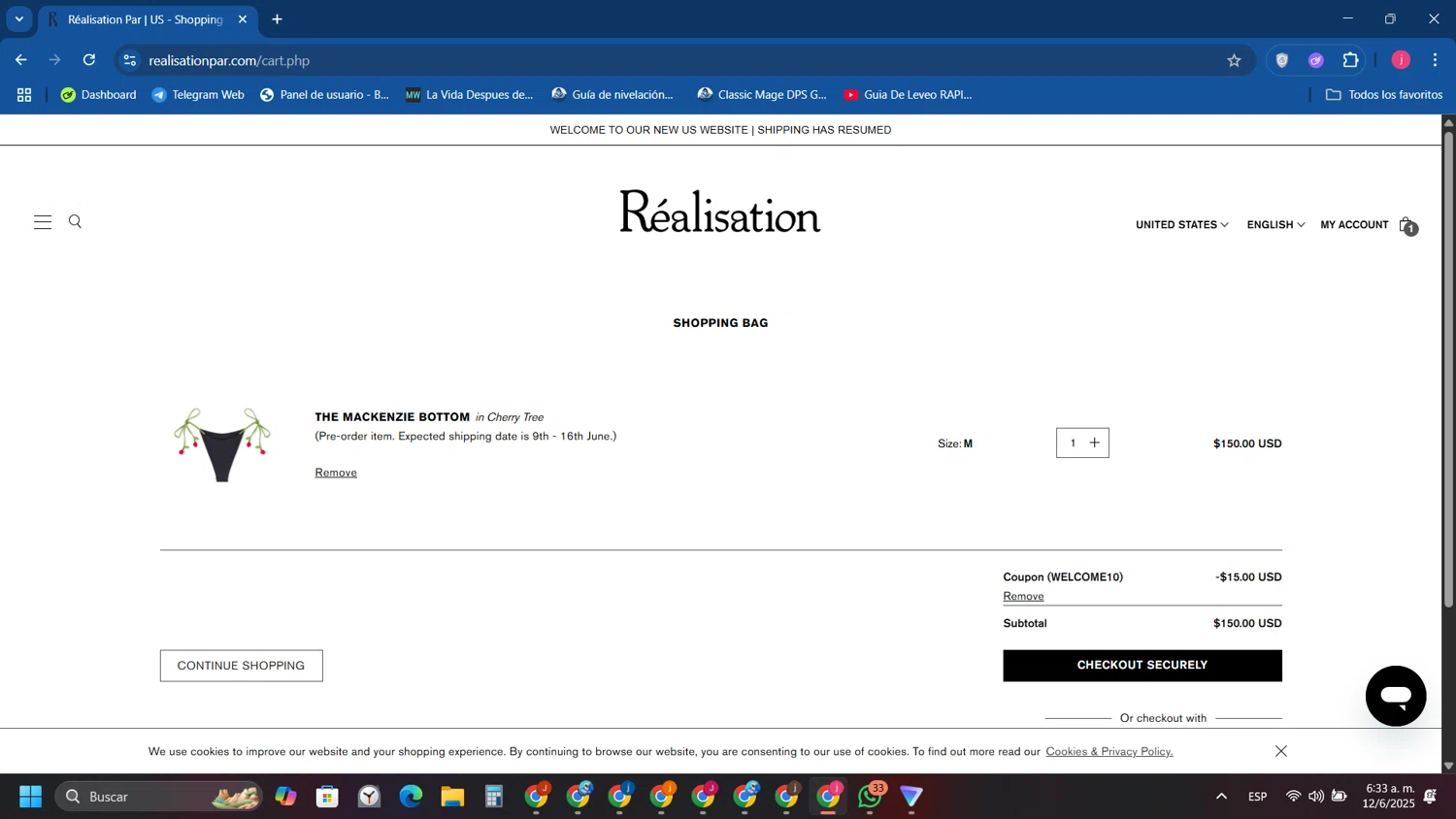 Réalisation checkout page showing Réalisation promo code box | Screenshot taken by SimplyCodes community member on Jun 12, 2025
