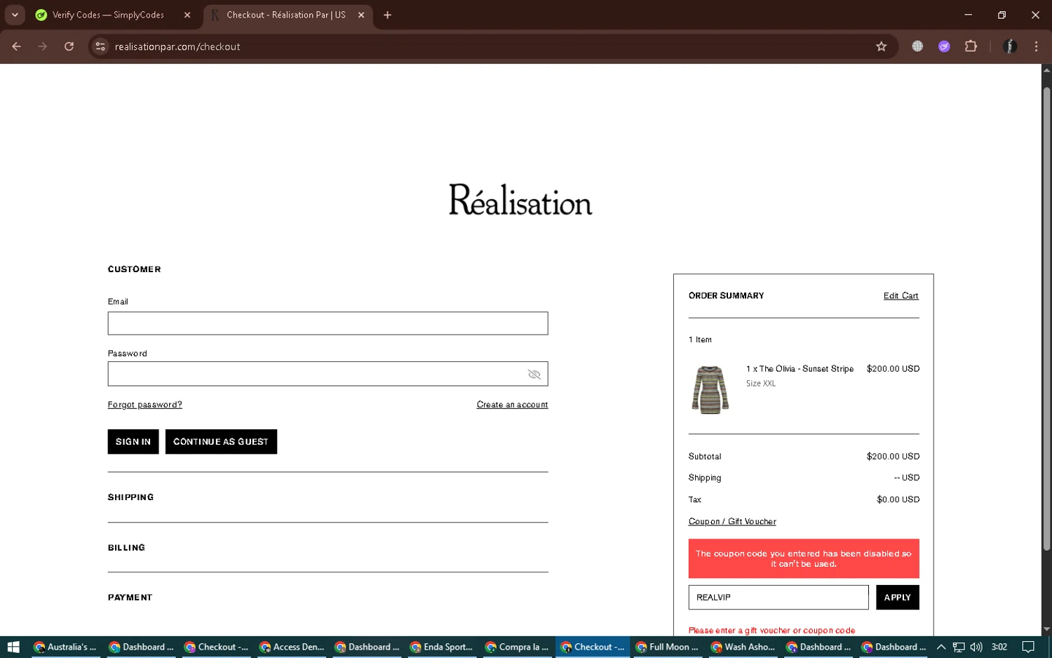Réalisation promo code screenshot showing code REALVIP applied at Réalisation checkout page. Uploaded by SimplyCodes community member alexdaal on Dec 26, 2025