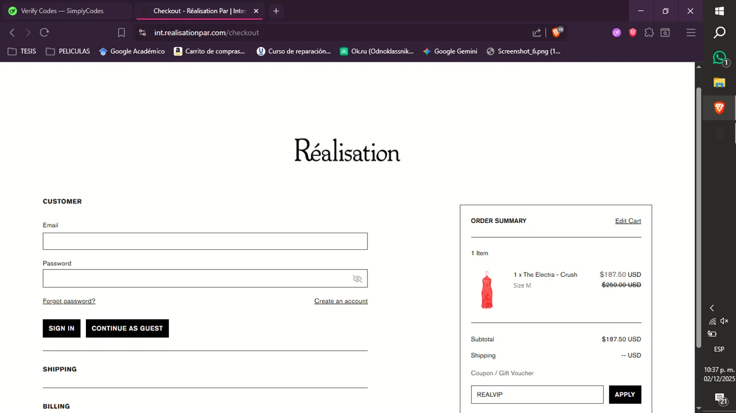 Réalisation promo code screenshot showing code REALVIP applied at Réalisation checkout page. Uploaded by SimplyCodes community member xXdevoragoticas69Xx on Dec 3, 2025