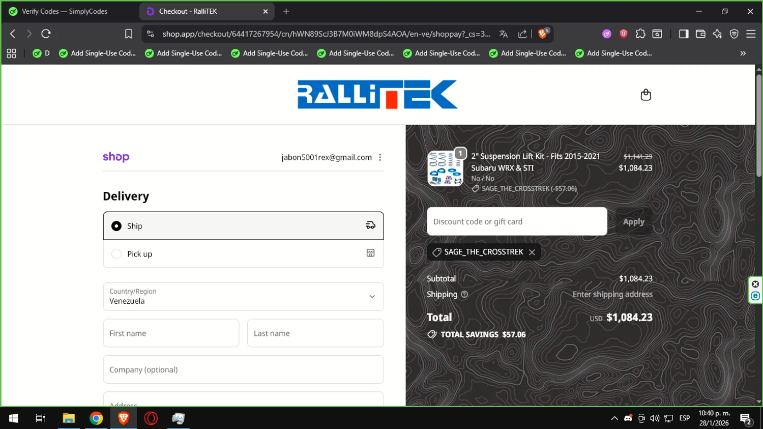 RalliTEK promo code screenshot showing code sage_the_crosstrek applied at RalliTEK checkout page. Uploaded by SimplyCodes community member Ultrapapu on Jan 29, 2026