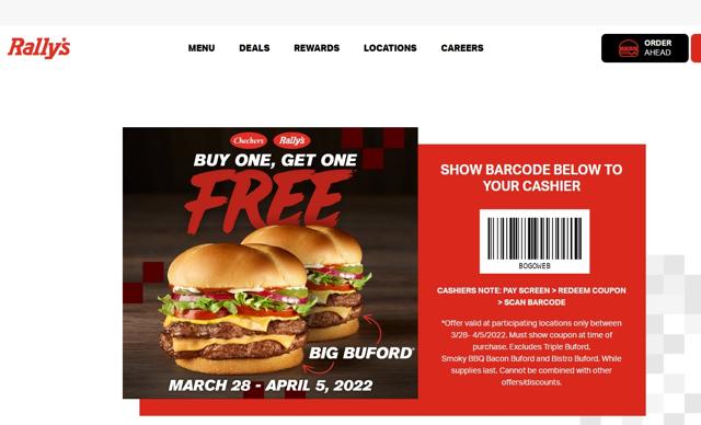 Rally's checkout page showing Rally's promo code box | Screenshot taken by SimplyCodes community member on Apr 2, 2022
