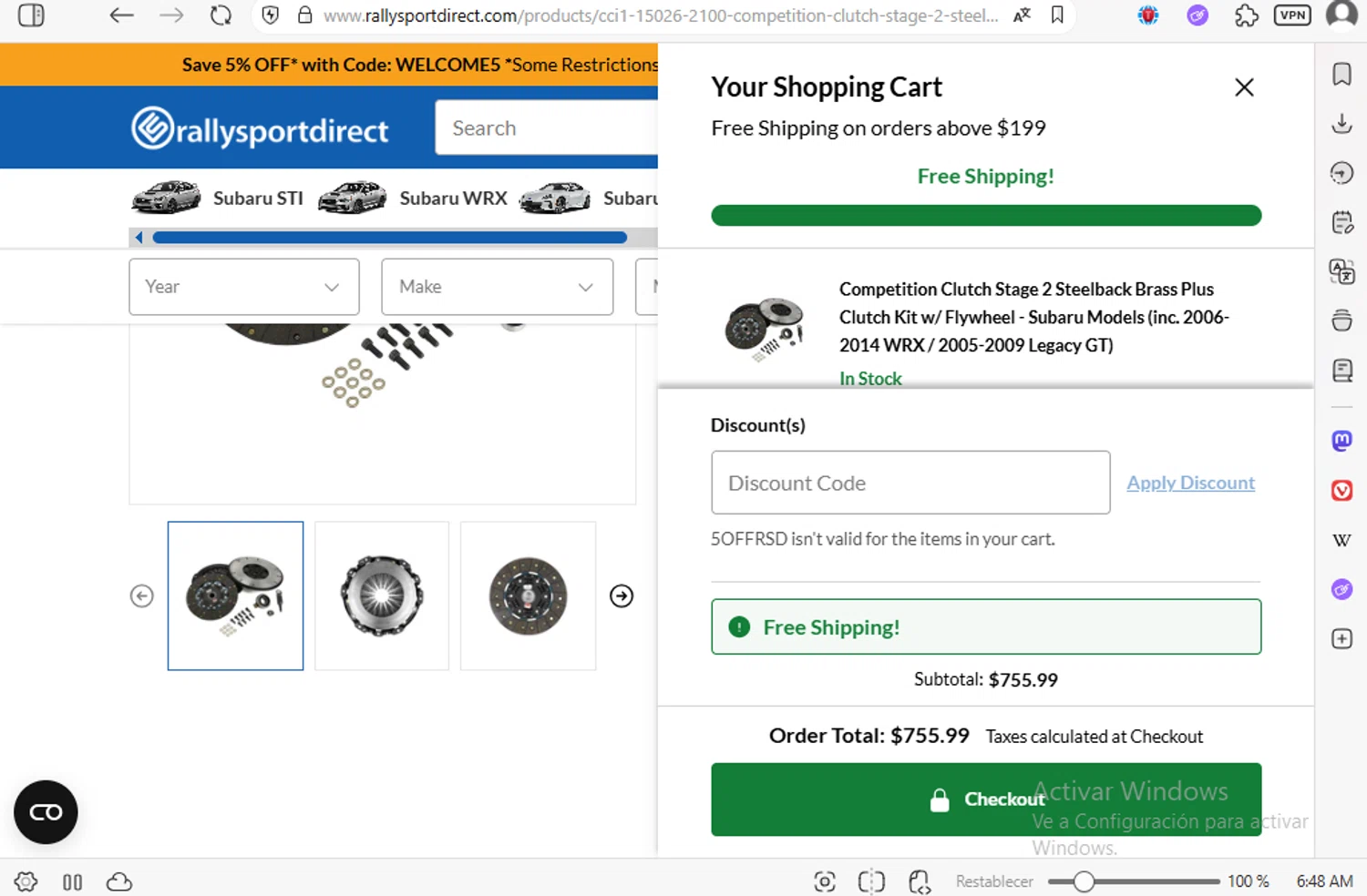 RallySport Direct discount code screenshot showing code 5OFFRSD applied at RallySport Direct checkout page. Uploaded by SimplyCodes community member luissilva2 on Sep 12, 2025