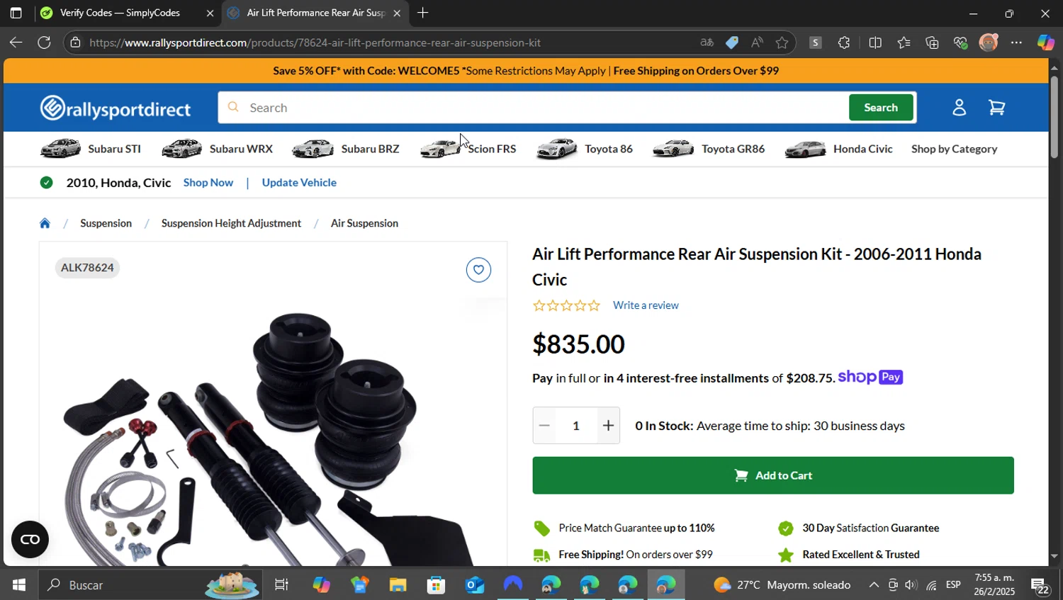 RallySport Direct discount code screenshot showing code WELCOME5 applied at RallySport Direct checkout page. Uploaded by SimplyCodes community member ShieldEagle9436 on Feb 26, 2025