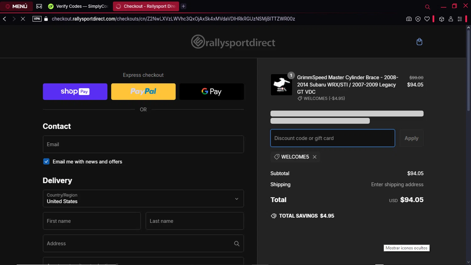 RallySport Direct discount code screenshot showing code WELCOME5 applied at RallySport Direct checkout page. Uploaded by SimplyCodes community member GoldPro6514 on Feb 26, 2025