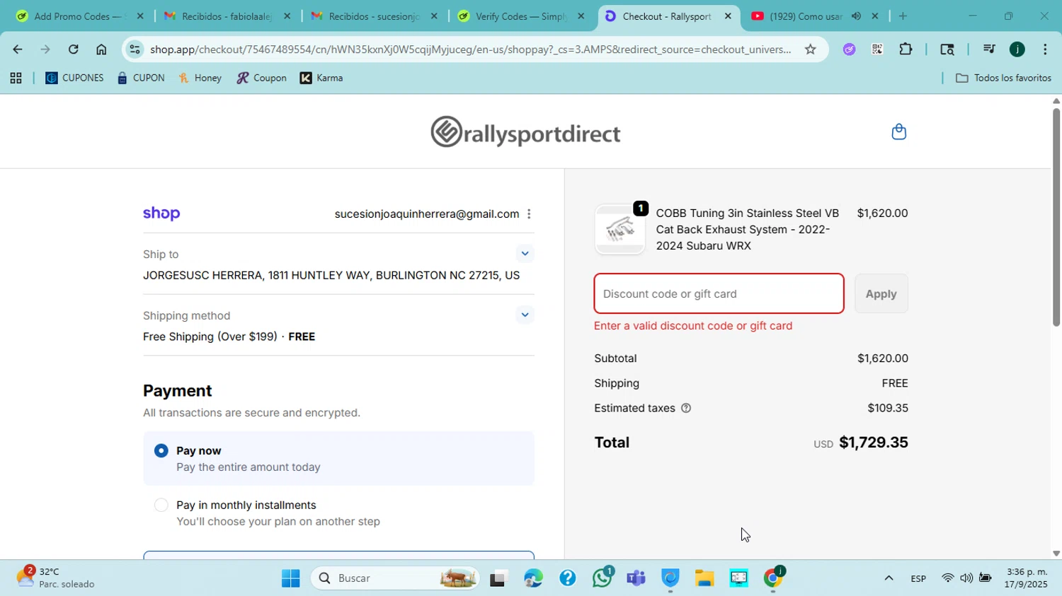 RallySport Direct discount code screenshot showing code MM5131 applied at RallySport Direct checkout page. Uploaded by SimplyCodes community member jorgejavierherrera on Sep 17, 2025