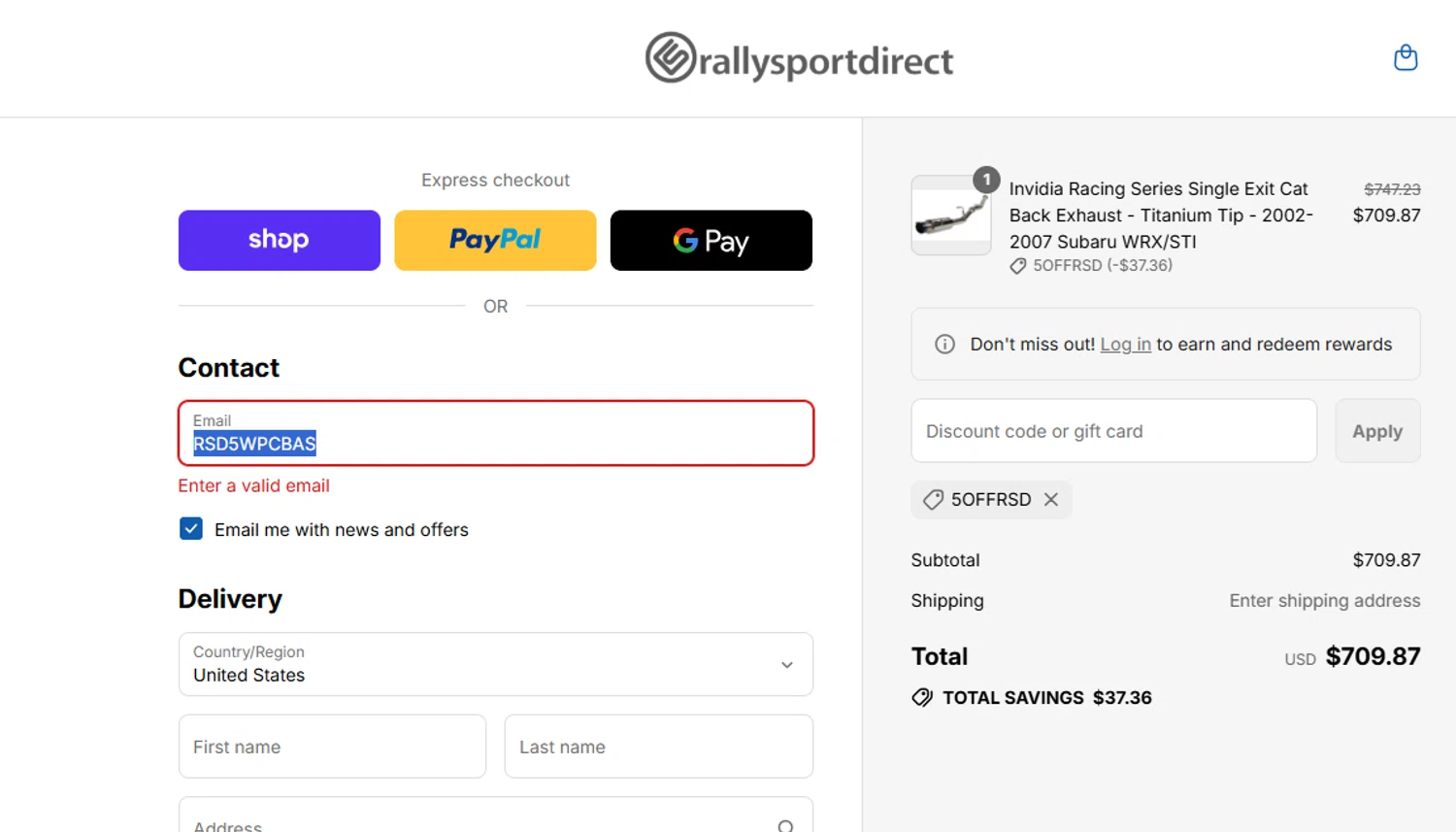 RallySport Direct discount code screenshot showing code 5OFFRSD applied at RallySport Direct checkout page. Uploaded by SimplyCodes community member ashe1986 on Aug 13, 2025
