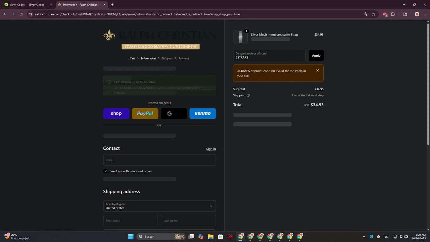 Ralph Christian Watches discount code screenshot showing code 3STRAPS applied at Ralph Christian Watches checkout page. Uploaded by SimplyCodes community member CrownPioneer7057 on Oct 20, 2025