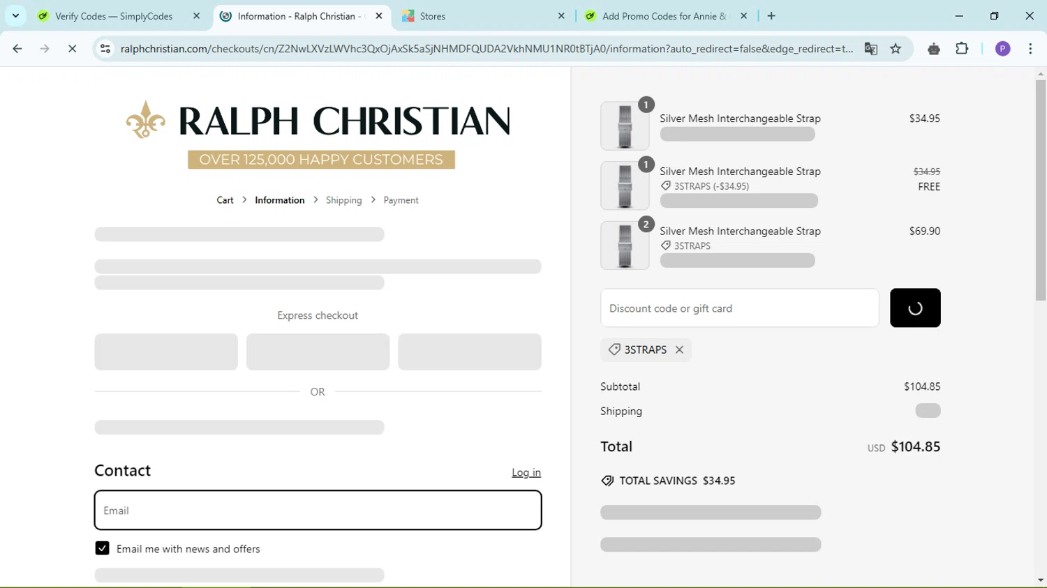 Ralph Christian Watches discount code screenshot showing code 3STRAPS applied at Ralph Christian Watches checkout page. Uploaded by SimplyCodes community member FortunateLion8466 on Mar 10, 2025