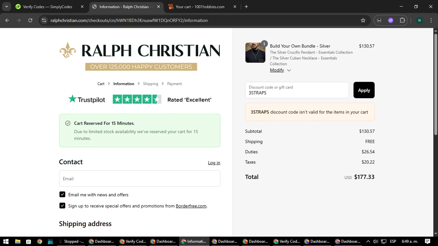 Ralph Christian Watches discount code screenshot showing code 3STRAPS applied at Ralph Christian Watches checkout page. Uploaded by SimplyCodes community member nataaokiiii on Jul 29, 2025