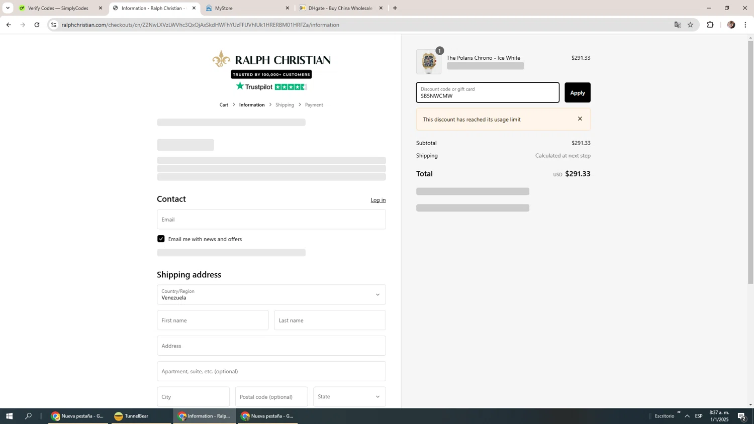 Ralph Christian Watches discount code screenshot showing code SB5NWCMW applied at Ralph Christian Watches checkout page. Uploaded by SimplyCodes community member Levi_Ackerman on Jan 1, 2025