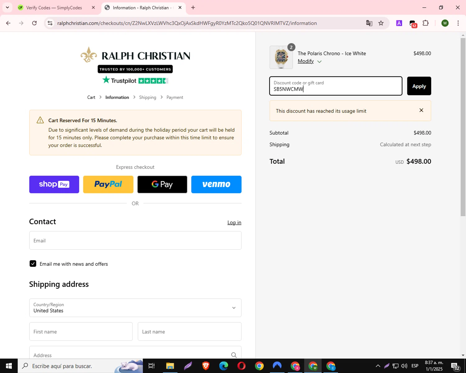 Ralph Christian Watches discount code screenshot showing code SB5NWCMW applied at Ralph Christian Watches checkout page. Uploaded by SimplyCodes community member RoyalHawk3973 on Jan 1, 2025