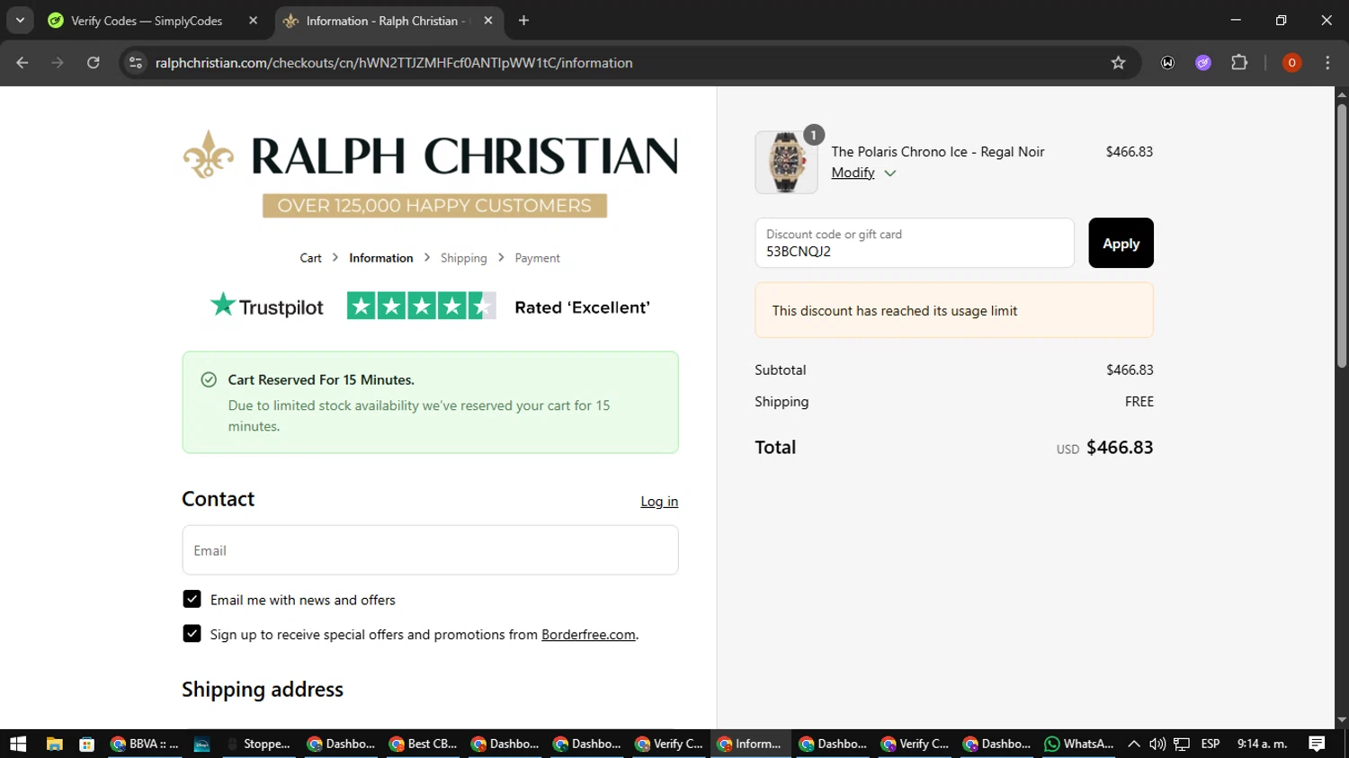 Ralph Christian Watches discount code screenshot showing code 53BCNQJ2 applied at Ralph Christian Watches checkout page. Uploaded by SimplyCodes community member CleverSpotter3730 on Sep 1, 2025